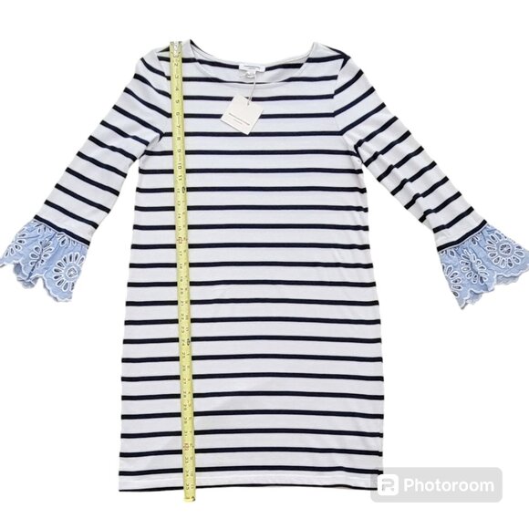 Beach Lunch Lounge Solani Navy Blue Striped Eyelet Crochet 3/4 Sleeve Dress NEW - Picture 8 of 16